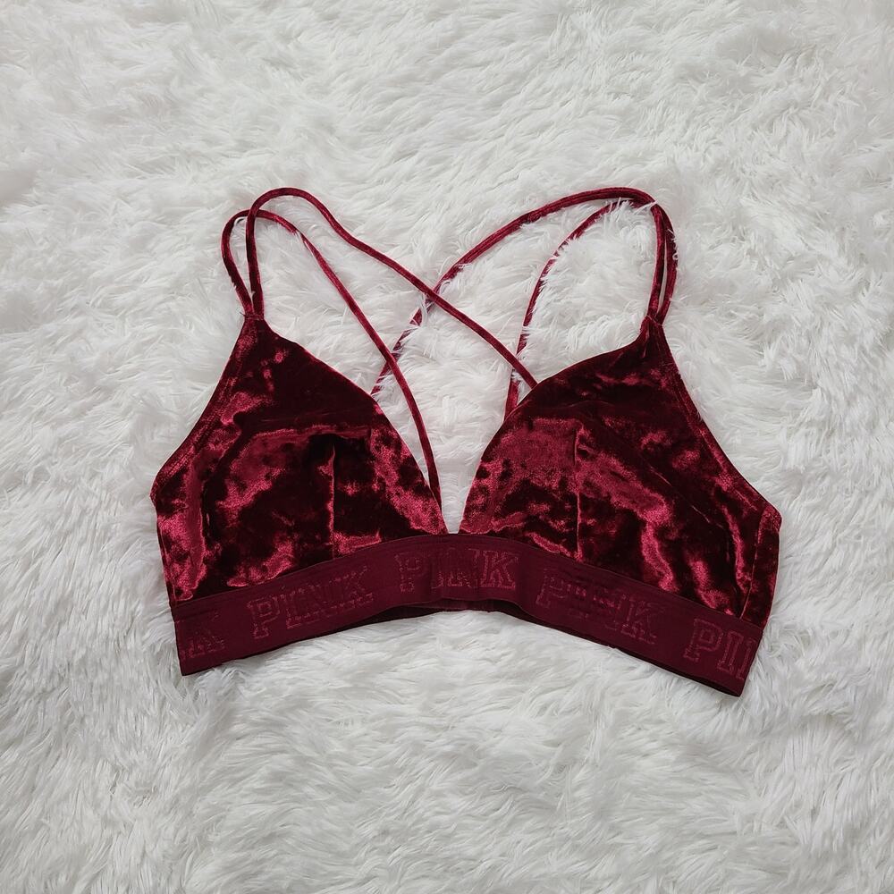 PINK Victoria's Secret Womens Sz L Burgundy Red Velvet Strappy Bralette Triangle
